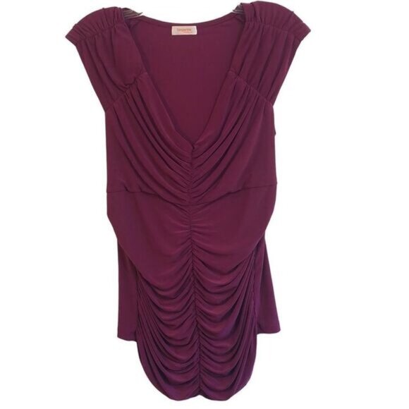 Burgundy Ruched V-Neck Top Sleeveless Blouse Womens Casual Elegant - Picture 1 of 10